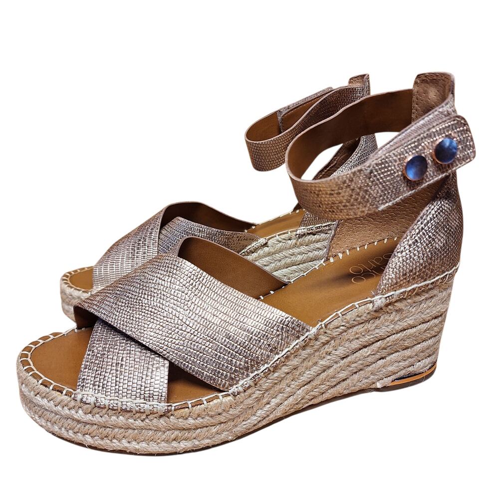 Franco Sarto Carma woven wedge heel sandals copper leather metallic strappy shoe